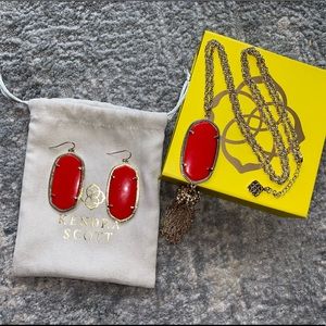 Kendra Scott Danielle Earrings and Rayne Gold Long Pendent Necklace in Red
